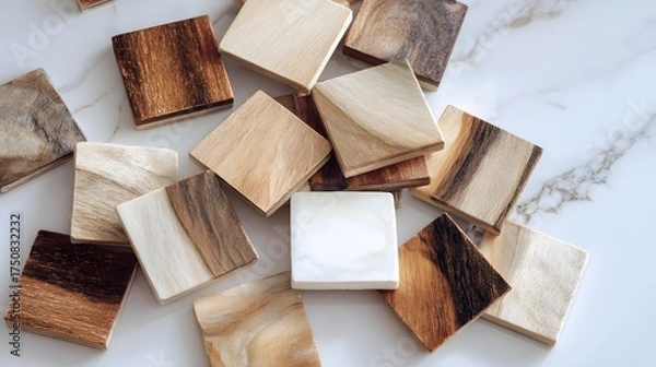Fototapeta Square wooden coasters with varied natural wood grain patterns.