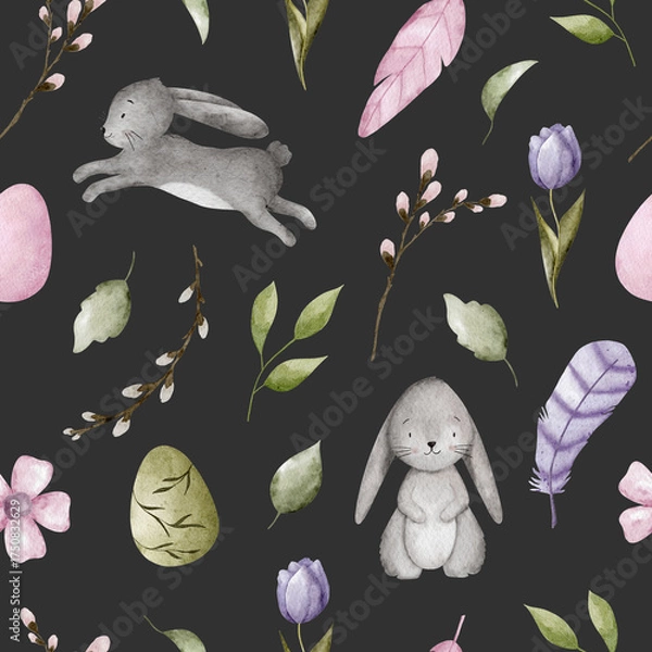 Obraz Watercolor Easter seamless pattern with rabbits, eggs, feathers and flowers