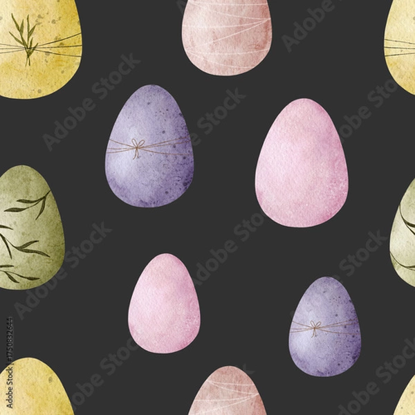 Obraz Hand-painted watercolor Easter eggs seamless pattern on black background