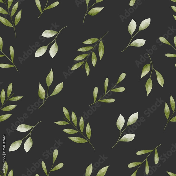 Obraz Hand-painted green watercolor leaves seamless pattern on black background