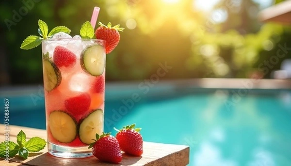 Fototapeta Refreshing summer cocktail photo with strawberries cucumbers mint and ice near pool. Healthy drink on table in sun. Refreshment for party or vacation time. Good relaxation and enjoyment.