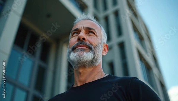 Fototapeta Grey haired man looks up near building. Stylish mature male poses against modern architecture. Successful businessman in urban area is ambitious. Senior is waiting and thinking about his future.