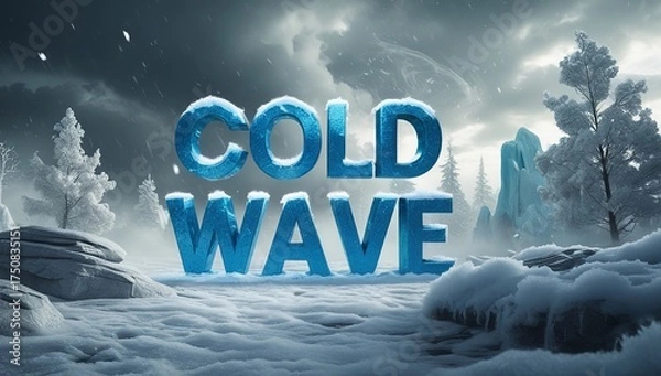 Obraz A striking icy scene featuring the words 'COLD WAVE' in bold 3D letters, set against a dramatic winter landscape.