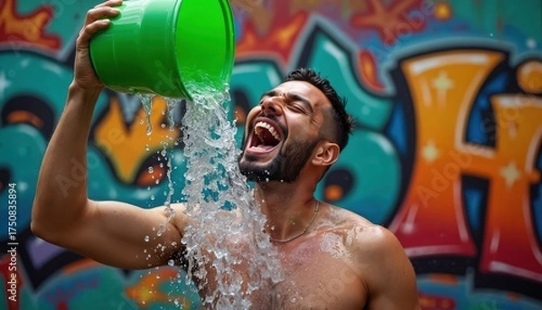 Fototapeta Man pours cold water from green bucket over himself. He reacts with open mouth and closed eyes. Background is colorful graffiti wall with graffiti text.