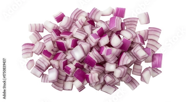 Fototapeta Diced red onion pieces piled high against a black backdrop ready for cooking and adding flavor to your favorite recipes and culinary creations
