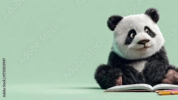Fototapeta Adorable panda sitting beside an open notebook and crayons on pastel green background, learning concept