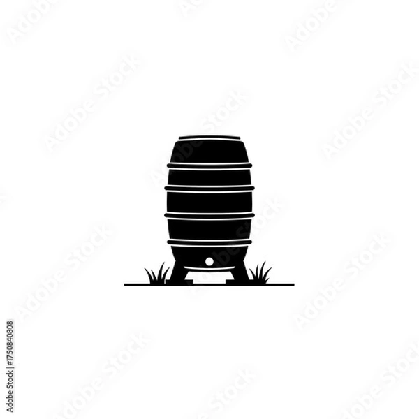Fototapeta Water butt barrel for rain water collection, black vector illustration. Irrigation and nature resources usage. Environmental concept in farming and gardening