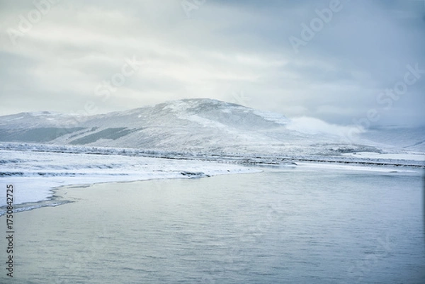 Fototapeta View of Landscape of snow weather along with the road trip for travel in Iceland.