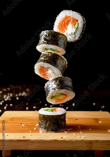 Fototapeta A stack of sushi rolls hovering above a wooden cutting board. The sushi rolls appear to be made with nori seaweed, rice, salmon, and avocado.
