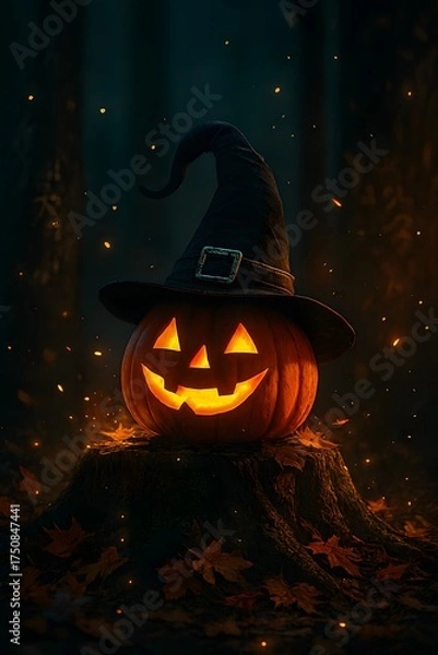 Obraz Fairy tale autumn forest with magical glowing jack o lantern light