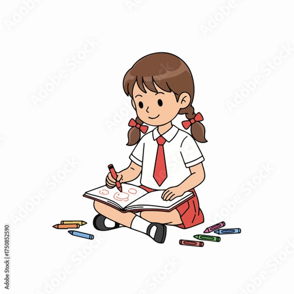 Obraz Adorable schoolgirl joyfully draws pictures in her notebook, unleashing creativity