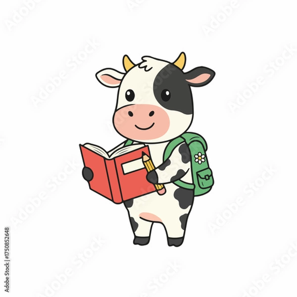 Obraz Adorable cow student eagerly reading a book and carrying a backpack to school