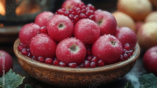 Fototapeta Organic Apples and Pomegranate in Rustic Home Setting