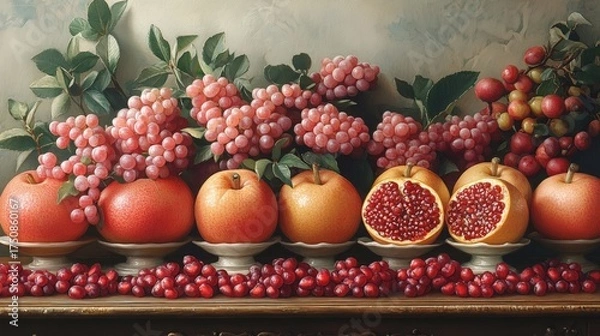 Fototapeta Healthy Fresh Fruit Arrangement with Red Apples and Pomegranate