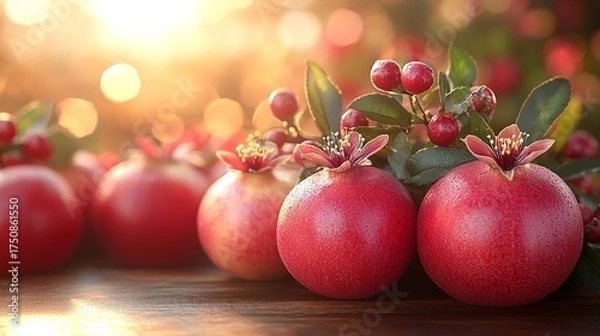 Fototapeta Fresh Red Apples and Pomegranate in Rustic Wooden Bowl