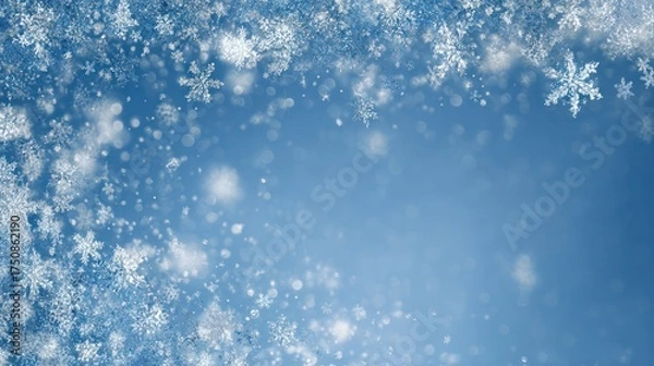 Fototapeta Blue gradient background with decorative white snowflakes around the top and left edges