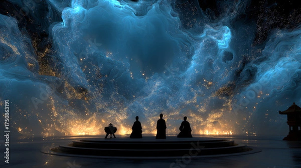 Obraz Sui-Tang Dynasties: Three Teachings Fusion - Confucianism: Ritual & Music Splendor: Qi of the Mingtang, Golden Light Points, Blue Sound Waves, Rammed Earth Platform, Bronze Bells