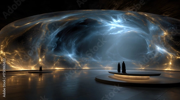 Obraz Sui-Tang Dynasties: Three Teachings Fusion - Confucianism: Ritual & Music Splendor: Qi of the Mingtang, Golden Light Points, Blue Sound Waves, Rammed Earth Platform, Bronze Bells