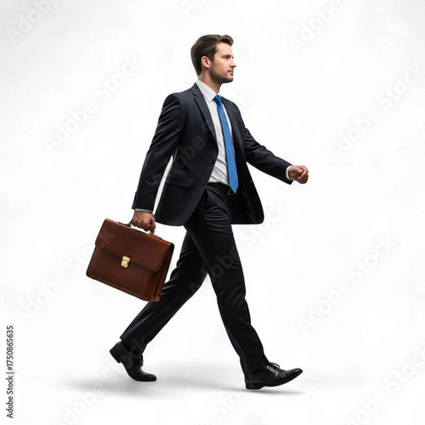 Fototapeta Businessman in suit and tie confidently walking with a briefcase modern professional career success isolated on transparent background