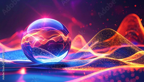 Fototapeta Abstract composition of glowing sound waves surrounding a crystal bowl, symbolizing energy, vibration, and frequency healing. Neon colors flow dynamically, evoking meditation, sound bath, and balance