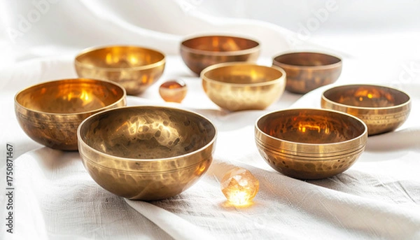 Fototapeta Set of brass singing bowls arranged on soft white fabric, glowing in warm sunlight. A peaceful, spiritual composition symbolizing sound healing, meditation, and mindful balance in holistic wellness