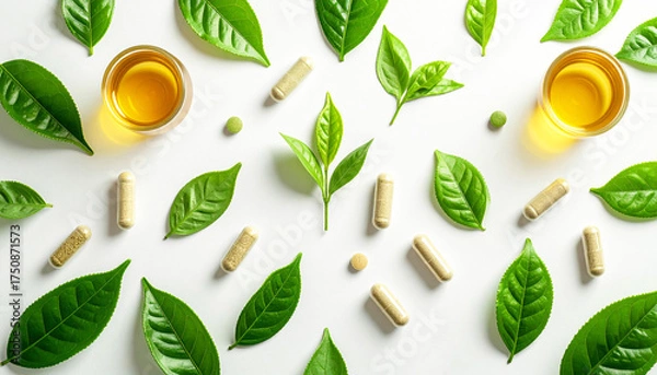 Fototapeta Flat lay composition of herbal supplement capsules, softgel vitamins, and fresh green tea leaves on a clean white background, symbolizing natural health and organic wellness balance