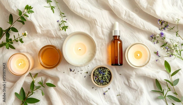 Fototapeta Flat lay composition of amber essential oil bottles, burning candles, and dried herbs on soft white fabric. Warm light and botanical elements create a calm spa mood, perfect for wellness and aromather