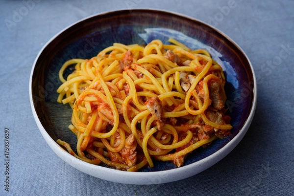 Obraz Chitarrino con Ragu di Anguilla or Spaghetti alla Chitarra with Eel Sauce in Comacchio, Italy