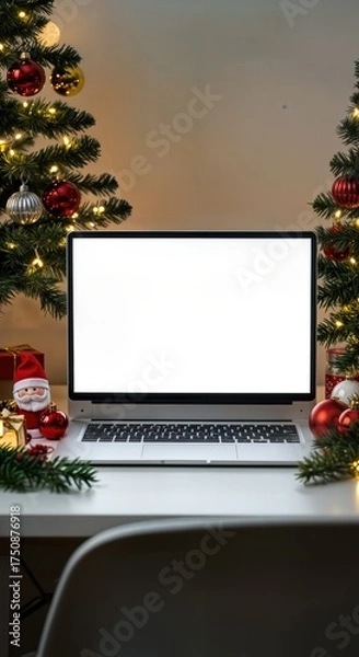 Fototapeta Christmas Desktop Computer Mockup with Blank Screen Surrounded by Festive Workspace Elements