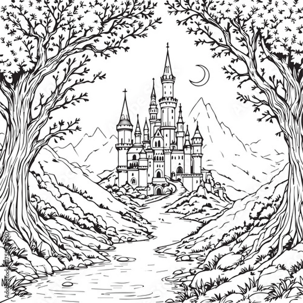 Obraz Fantasy castle in mountain landscape with trees, moon, and river path vector in black and white illustration