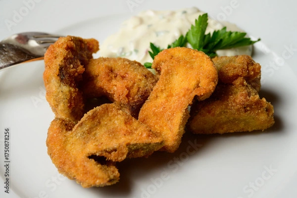 Obraz Deep Fried Porcini Cep or Penny Bun Mushrooms, Breaded, with Tartare Sauce