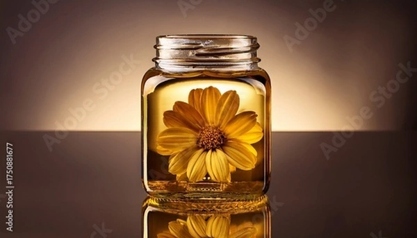 Fototapeta clear jar with golden liquid flower reflection