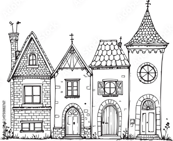 Fototapeta Black and white vector illustration of four whimsical houses with unique fairy-tale architectural features
