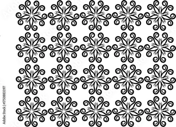Fototapeta Elegant seamless floral pattern with intricate black line art design. Decorative symmetrical motifs perfect for textiles, wallpapers, and backgrounds.