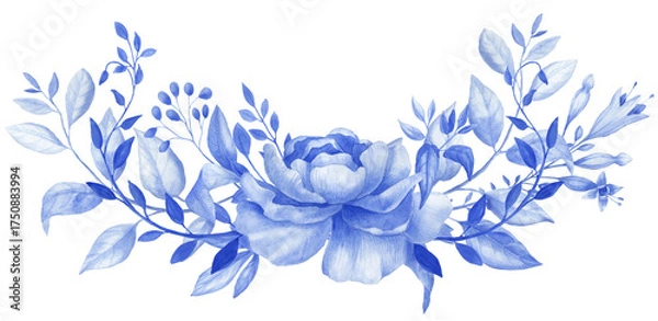 Fototapeta Chinoiserie border, watercolor blue flower frame, porcelain flower