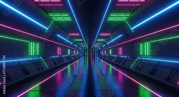 Fototapeta Dynamic futuristic neon tunnel with vibrant colors and reflections, perfect for technology, gaming, and sci-fi concepts