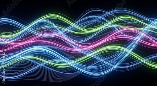 Fototapeta Dynamic neon light waves in vibrant colors create a stunning visual effect, perfect for modern design and technology concepts