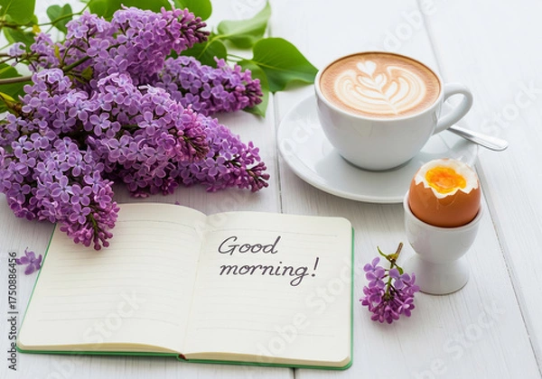Obraz Morning coffee and breakfast with a "Good morning" message and spring flowers.