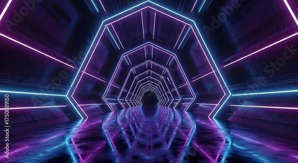 Fototapeta Futuristic neon tunnel with vibrant purple and blue lights, creating a dynamic and modern atmosphere for design projects
