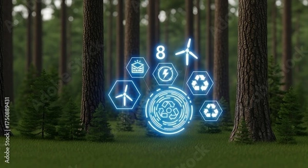Fototapeta Eco-friendly concept with renewable energy and recycling symbols in a lush forest setting, perfect for sustainability campaigns