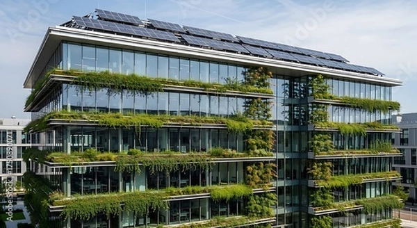 Fototapeta Modern sustainable office building with green walls and solar panels, showcasing eco-friendly architecture and environmental design