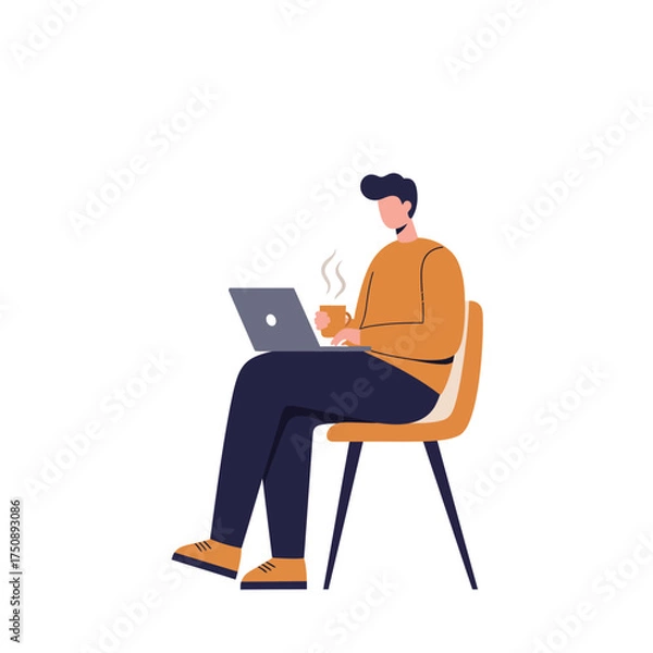 Fototapeta A person working on a laptop while holding a cup of coffee, sitting on a chair.