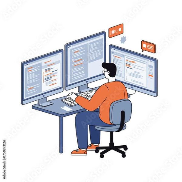 Obraz A person sits at a desk, working on multiple computer screens, coding.