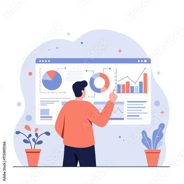 Obraz A man analyzes data displayed on a large computer screen, pointing to charts.