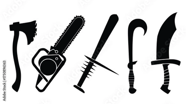Fototapeta Silhouette Weapons Set: A stark collection of weapons silhouettes, each representing a tool with a potential for action, captured in a monochromatic and edgy style.