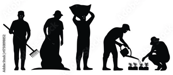 Fototapeta Garden Harmony: Silhouette of people tending a garden. Each person is engaged in a vital part of gardening, working in unison to cultivate the soil and nurture the plant