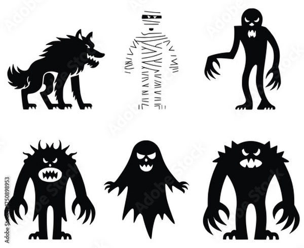 Fototapeta Shadowy Specters: A collection of silhouetted Halloween monsters, including a snarling werewolf, a wrapped mummy, a looming vampire, a spiky monster, a spectral ghost, and a menacing demon.