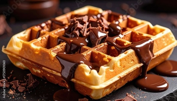 Obraz Golden Waffles Drizzled with Melted Chocolate