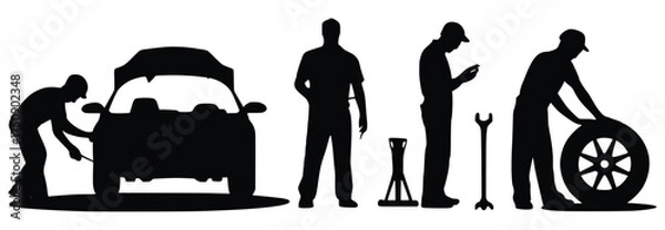 Fototapeta Automotive Service: A series of stylized silhouettes showcasing various aspects of automotive repair and maintenance