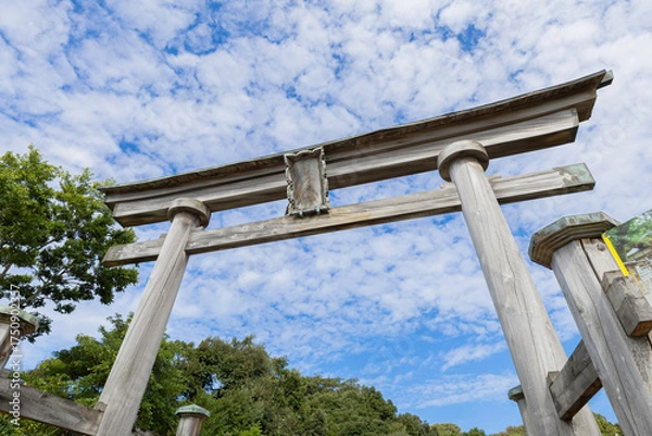 Fototapeta 石川県・氣多大社の鳥居と拝殿　青空の下に佇む歴史ある神社